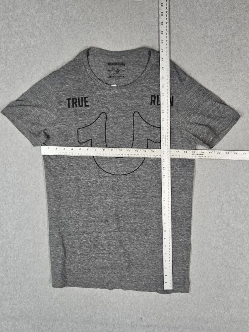 True Religion Men Shirt S Gray Horseshoe Spellout Logo Graphic Print Crew Neck